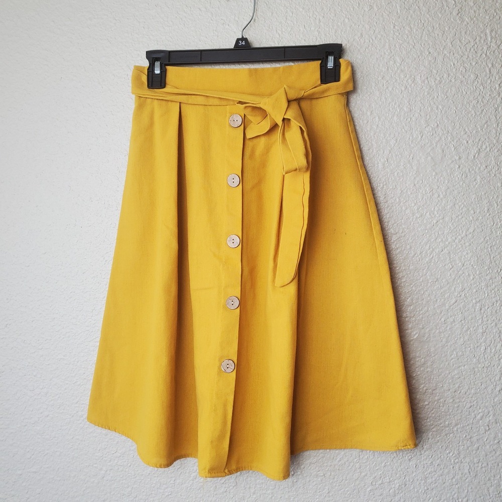 See You Monday Mustard‎ Orange Linen Blend Women's Skirt with Front Buttons Sz M